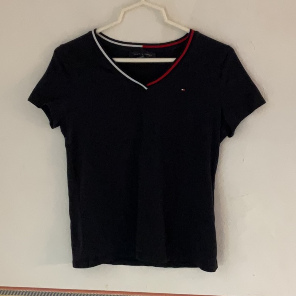 Sale! Tommy Hilfiger V-Neck Tee with Red and White Trim, Size S/P, Black